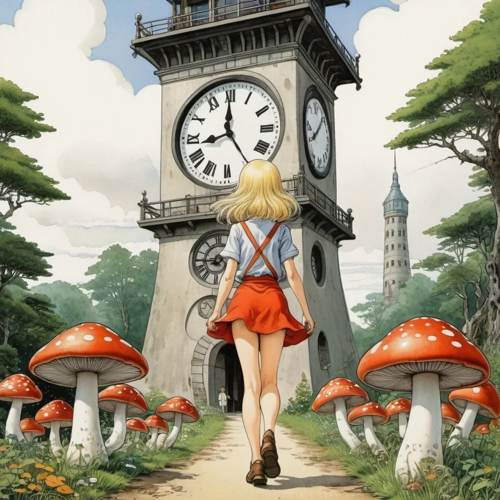 Prompt: Elsa Beskow, Katsuhiro Otomo, Mabel Attwell, Surreal, mysterious, strange, fantastical, fantasy, Sci-fi, Japanese anime, walking mushroom, miniskirt beautiful girl who rewinds time, perfect voluminous body, clock tower, detailed masterpiece 