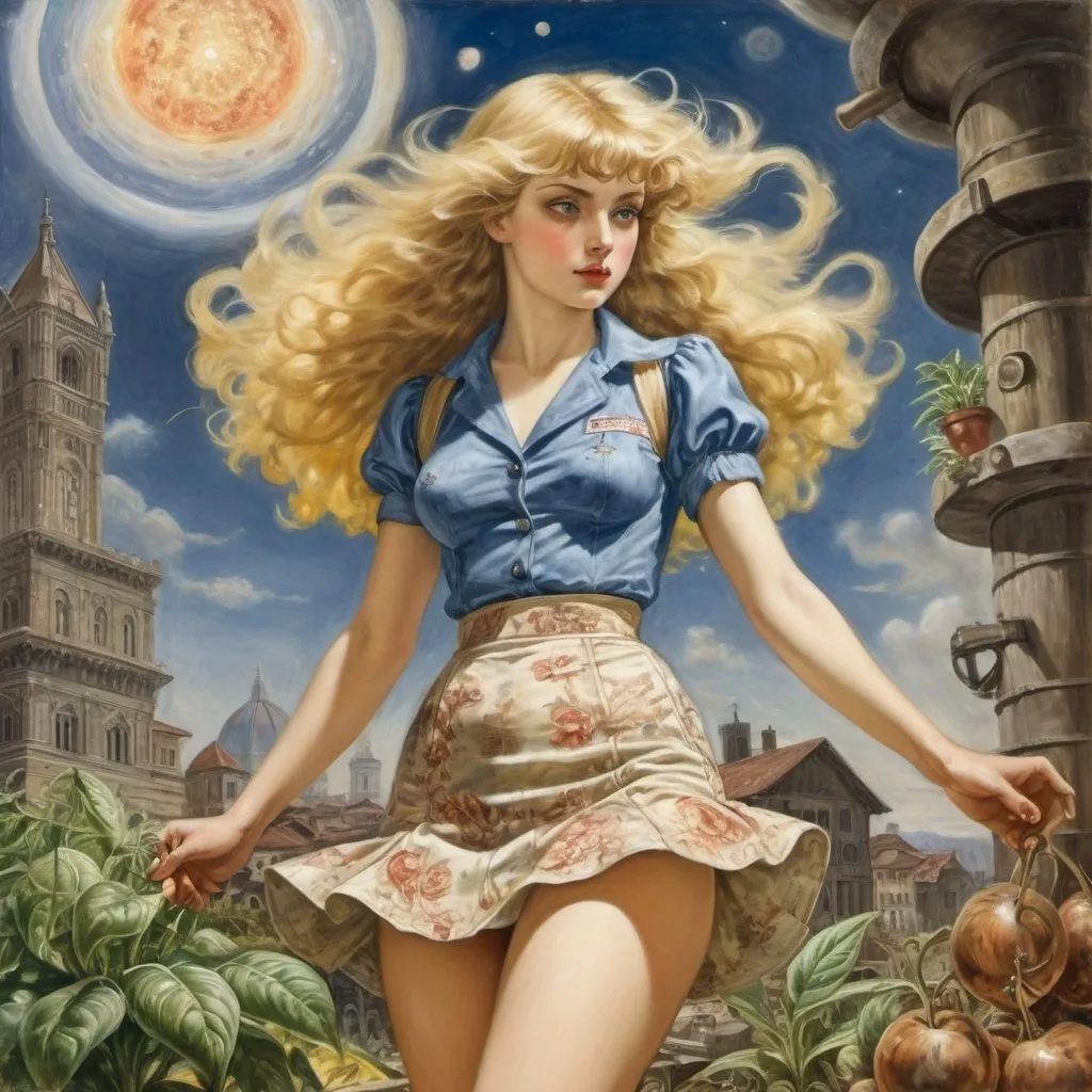 Prompt: Reginald Marsh, Maurice Day, Florence Harrison, José Zamora, Eleanor Vere Boyle, Surrealism, mysterious, bizarre, fantastic, fantasy, Sci-fi, Japanese anime, herbal medicine and astrology, beautiful blonde miniskirt girl Alice wearing the universe, perfect voluminous body, cosmology of slash-and-burn farmers, dancing agriculture, internalization of plant intelligence, detailed masterpiece 