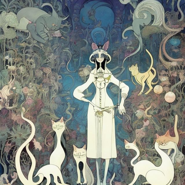 Prompt: Kay Nielsen, Mabel Attwell, Mysterious, strange, surreal, bizarre, fantasy, sci-fi, Japanese anime, a town of cats walking on two legs, Alice a blonde miniskirt beautiful girl, perfect voluminous body, gets an audience with the cat king of the town, detailed masterpiece 