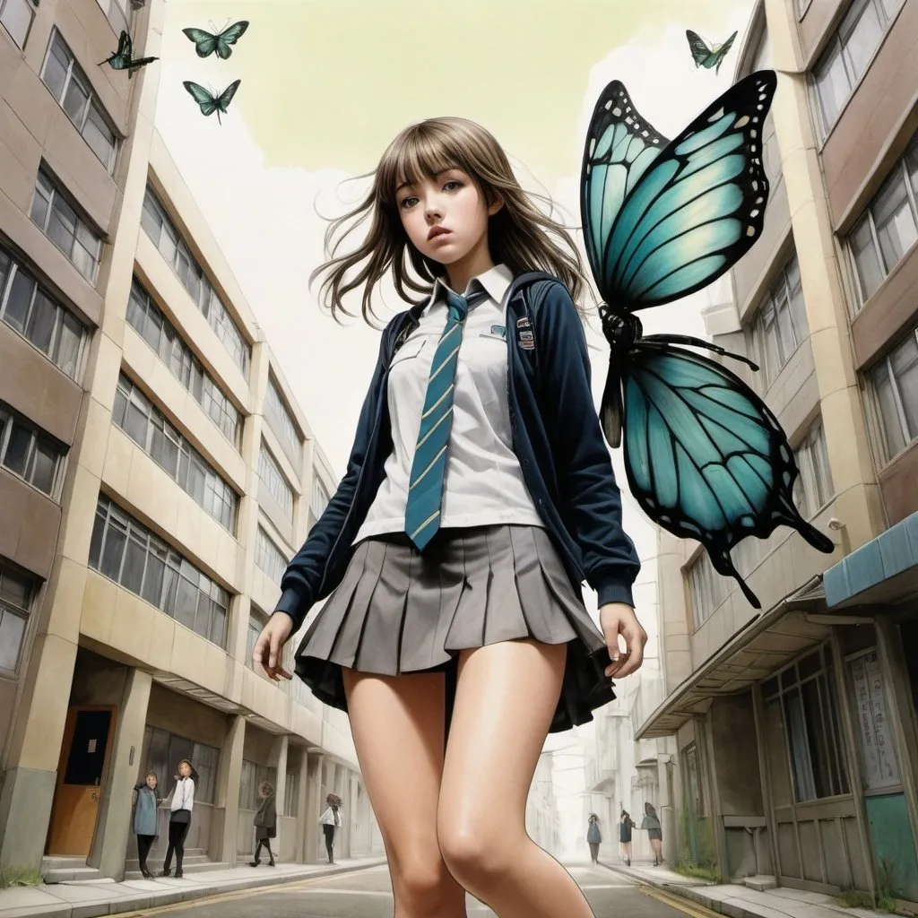 Prompt: Mabel Attwell, Marit Törnqvist, Surreal, mysterious, strange, fantastical, fantasy, Sci-fi, Japanese anime, miniskirt beautiful high school girl breaking out of her chrysalis, city, perspective, perspective drawing, detailed masterpiece hand coloured 