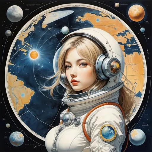 Prompt: Alan Stuart Paterson, Lívia Rusz, Tim Molloy, Charles Robinson, Surrealism Mysterious Weird Fantastic Fantasy Sci-Fi, Japanese Anime, Mercator projection solar system route map, View from the moon, Beautiful girl in a space suit, perfect voluminous body, Moon orbit correction, detailed masterpiece 