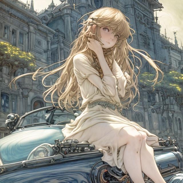 Prompt: Arthur Rackham, Jean Giraud, Walter Crane Anime　wondrous　strange　Whimsical　surreal　fanciful　Sci-Fi Fantasy　Galactic Highway　Light yellow FIAT500 giant Saturn in front　stele々　Miniskirt high school girl posing sitting on the hood　a beauty girl　Wide Angle　hyperdetailed high definition high resolution high quality masterpiece