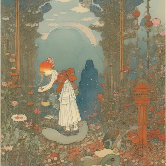 Prompt: Elsa Beskow, Katsuhiro Otomo, watercolor woodblock print style, surreal, Japanese anime, mysterious strange bizarre fantasy sci-fi, mechanical miniskirt beautiful high school girl