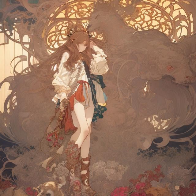 Prompt: James Jean, Alphonse mucha, Japanese anime, Miniskirt high school girl walking with Cerberus in Tokyo at night, city scene, hyper detailed high resolution high definition high quality masterpiece 