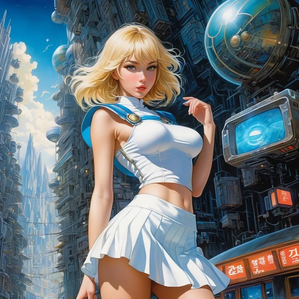 Prompt: Barclay Shaw, Roger Hane, Katsuji Matsumoto, Surreal, mysterious, strange, fantastical, fantasy, Sci-fi, Japanese anime, inner frontier, circuit to the city, blonde miniskirt beautiful girl Alice, perfect voluminous body, detailed masterpiece 