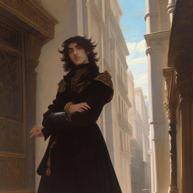 Prompt: Felix Lorioux, Tintoretto, Surreal, mysterious, strange, fantastical, fantasy, Sci-fi, Japanese anime, miniskirt beautiful bard, perfect voluminous body, singing an epic poem on a street corner in NY, a galaxy in the blue sky, detailed masterpiece 