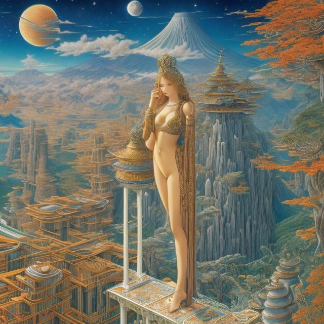 Prompt: Walter Crane, Surreal Mysterious Weird Fantastic Fantasy Sci-fi Fantasy Japanese Anime Jacek Yerka style, Galaxy in your Pocket, Miniskirt Beautiful Girl perfect body, detailed masterpiece 