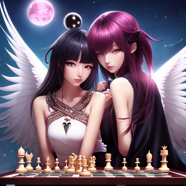 Prompt: Else Wenz-Vietor, Kazue Kato, Mysterious, bizarre, surreal, fantastical, fantasy, Sci-fi, Japanese anime, miniskirt beautiful girl devil and angel playing chess, perfect voluminous body, detailed masterpiece perspective angles 