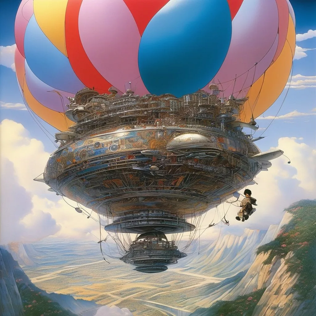 Prompt: Frank R. Paul, Naoyuki Kato, Jim burns, Surreal, mysterious, strange, fantastical, fantasy, Sci-fi, Japanese anime, TV with legs, human-machine symbiosis, dream traveler, balloon machine, detailed masterpiece perspectives angles 