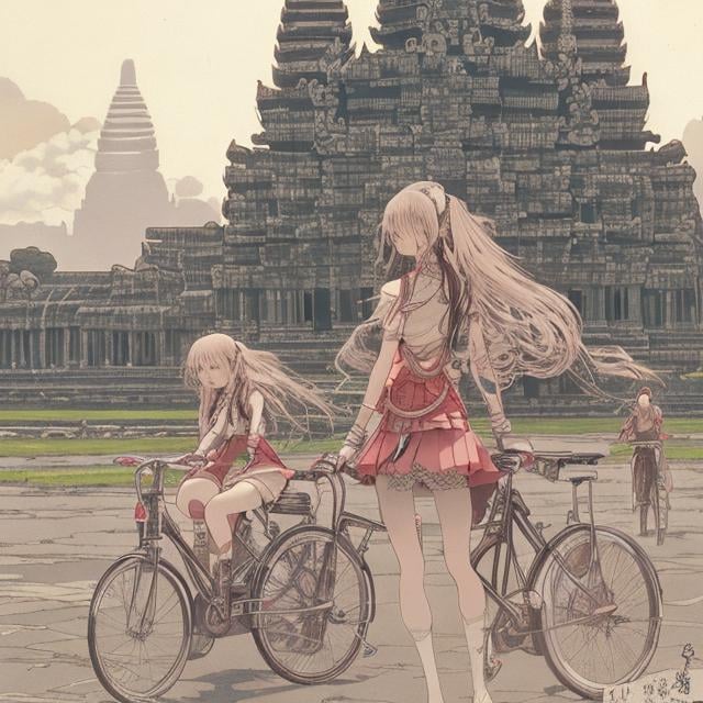 Prompt: Charles Robinson, Katsuhiro Otomo, Japanese anime sci-fi fantasy miniskirt high school girl bicycle trip Angkor Wat, hyperdetailed high resolution high definition high quality masterpiece