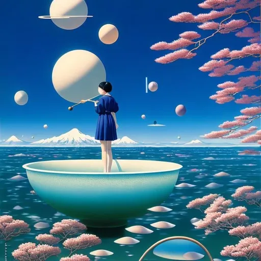 Prompt: Joyce Mercer, Hasui Kawase, Surreal, mysterious, strange, fantastical, fantasy, Sci-fi, Japanese anime, an object in fluid (water) receives a buoyancy force equal to the weight of the fluid that the object displaces, science experiment, beautiful high school girl in a miniskirt, perfect voluminous body, detailed masterpiece 