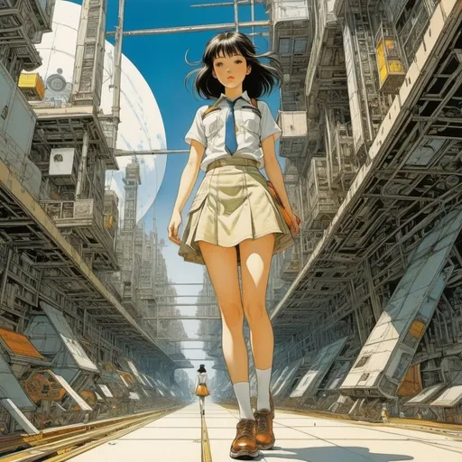 Prompt: Lebbeus Woods, Franklin Booth, Jessie Gillespie, Katsuhiro Otomo, George E Hughes, Surrealism Mysterious Weird Fantastic Fantasy Sci-fi, Japanese Anime Parallel perspective foot line method Angle perspective point method Oblique perspective Interline perspective Bird's-eye perspective Nature's geometry Creating a three-dimensional space on a plane Beautiful girl in a miniskirt high school girl, perfect voluminous body, detailed masterpiece fine line hand colour drawings