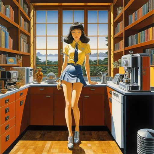 Prompt: Mati Klarwein, Satomi Ichikawa, Cosei Kawa, Moto Hagio, Victor Brauner, Surrealism Mysterious Weird Fantastic Fantasy Sci-Fi, Japanese Anime, Beautiful high school girl in a miniskirt sinking into the coffee maker, perfect voluminous body, Dawn of the window, Library floor plan, detailed masterpiece 