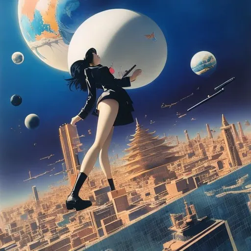 Prompt: Katsuhiro Otomo, Hannes Bok, Mysterious, strange, surreal, bizarre, fantasy, Sci-fi, Japanese anime, geometric landscape, Foucault's pendulum, butterfly, miniskirt beautiful girl, perfect voluminous body, detailed MAs 