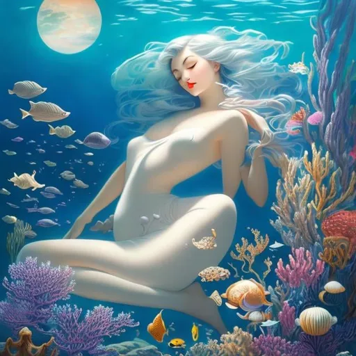 Prompt: Helen nyce, Dali, Art Deco, Japanese Anime, Surreal Mysterious Weird Fantastic Sci-Fi Fantasy, Beautiful Girl, Perfect Body, Falling Moon, Star Sleeping Under the Sea, detailed masterpiece 
