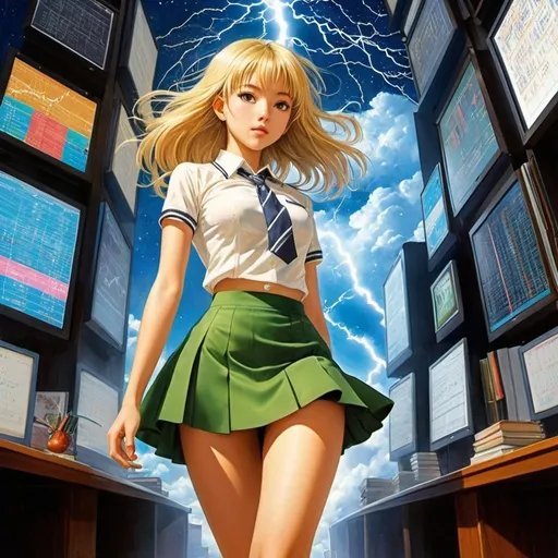 Prompt: Jacques Lob, Wanda Gág full colours, ALLEN ANDERSON, Frank Brunner, Yuu Watase, Surrealism, wonder, strange, bizarre, fantasy, Sci-fi, Japanese anime, lightning, broccoli, and the stock market, shapes and equations, beautiful high school girl in a miniskirt, perfect voluminous body, detailed masterpiece 