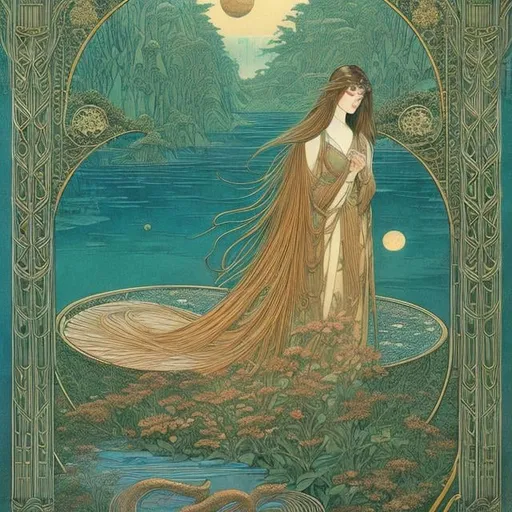 Prompt: Woodblock print Walter Crane, Bob Eggleton, Art Nouveau style, Japanese Anime, Surreal Mysterious Strange Fantastic Fantasy Sci-fi, Beautiful girl Perfect body, Queen's eyes, Chemistry, botany, zoology, physics, archeology, Discovery of circles, Singing Mars, Tunnel Digging, detailed masterpiece 