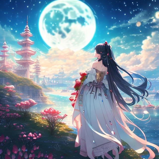 Prompt: Adrienne Segur Japanese Anime Sci-Fi Fantasy Strawberry Parfait sea side Moon Night solo girl detailed definition resolution quality