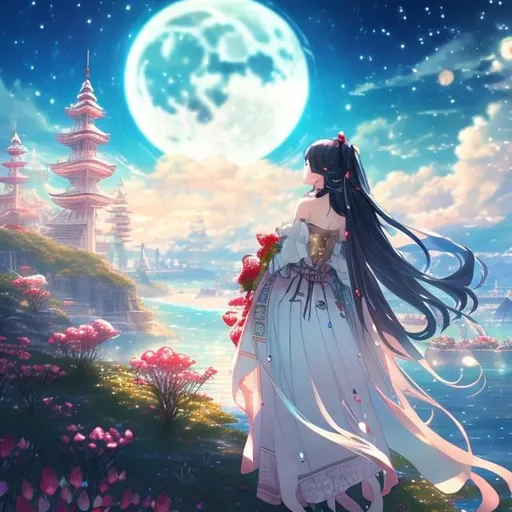 Prompt: Adrienne Segur Japanese Anime Sci-Fi Fantasy Strawberry Parfait sea side Moon Night solo girl detailed definition resolution quality