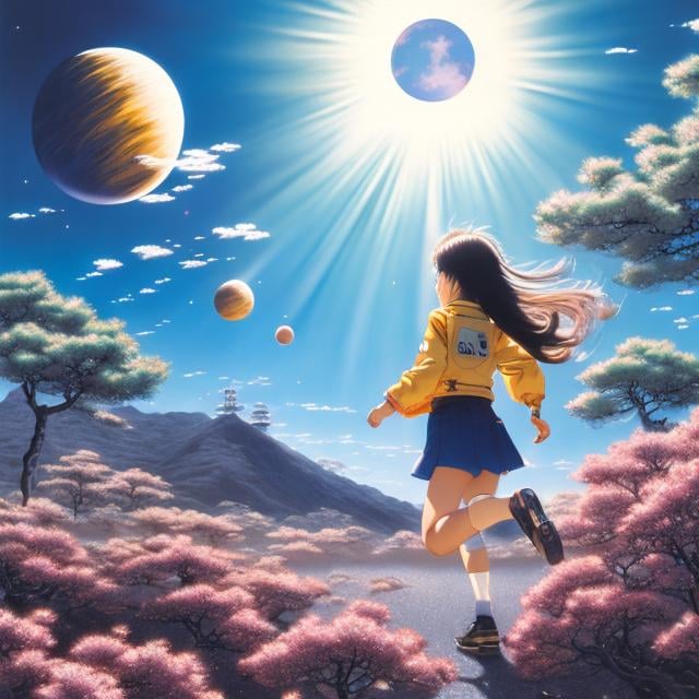 Prompt: Masamune Shirow, Katsuhiro Otomo, Hiroshi Masumura, Kiichi Okamoto, Takeo Takei, surreal, mysterious, bizarre, fantastic, fantasy, sci-fi, Japanese anime, miniskirt high school girl running through space, satellite, wind chime, place where the rainbow begins, sleeping moon