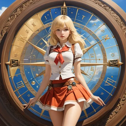 Prompt: Junaida, Surreal, Margaret Tarrant, mysterious, strange, fantastical, fantasy, Sci-fi, Japanese anime, portable sundial, compass rose, traveling blonde miniskirt beautiful girl Alice, perfect voluminous body, top, bottom, left, right, detailed masterpiece 