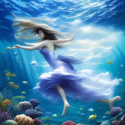 Prompt: Takako Hirai, Mark Tansey, Surreal, mysterious, strange, fantastical, fantasy, Sci-fi, Japanese anime, walking under the sea, beautiful girl, long hair swaying underwater, several streaks of light shining from the sea surface, detailed masterpiece 
