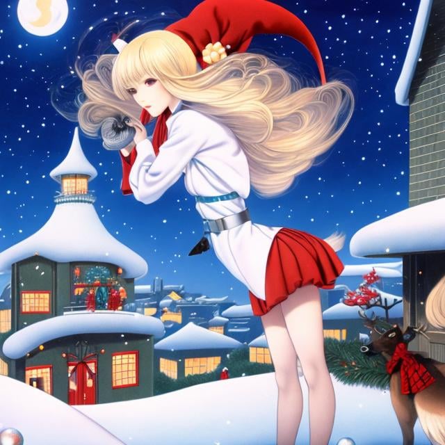 Prompt: Nanae Haruno, George Barbier, Surreal, mysterious, bizarre, fantastical, fantasy, Sci-fi, Japanese anime, Alice, a beautiful blonde miniskirt girl in a Santa costume, perfect body, on the roof, thinking about going in through the chimney to hand out presents. Next to her is a sleigh pulled by reindeer and a pile of presents, detailed masterpiece 