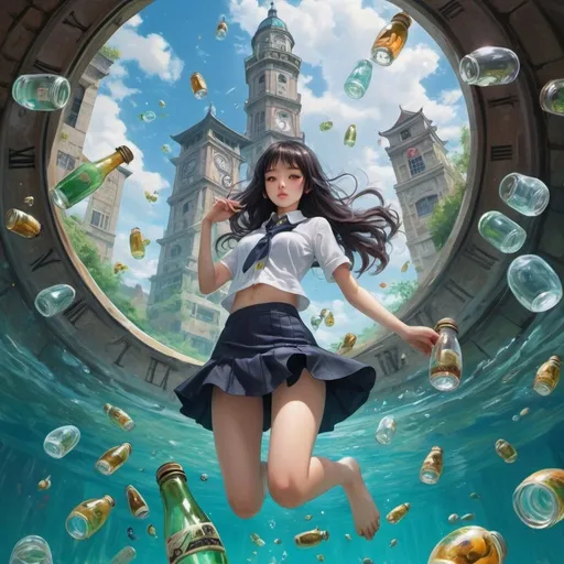 Prompt: Yixin Zeng, Wenzel Jamnitzer, Surrealism, wonder, strange, fantastical, fantasy, Sci-fi, Japanese anime, swimming clock, beautiful high school girl in a miniskirt winding the time like a spring, perfect voluminous body, tower of empty bottles, twisted ring of infinity, detailed masterpiece 