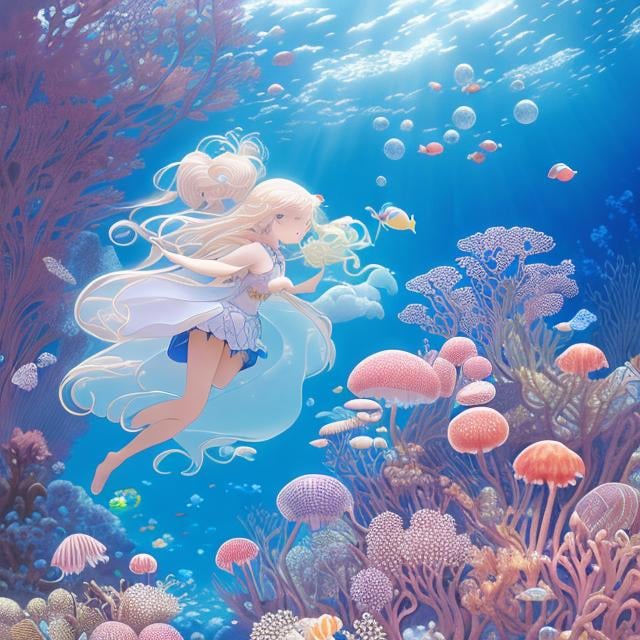 Prompt: Charles Robinson, Errol le cain, Maurice Sendak Japanese Anime wondrous strange Whimsical surreal Sci-Fi Fantasy Girl diving into the sea Beautiful face Miniskirt schoolgirl monkfish jellyfish Coral Forest octopuses A large number of bubbles