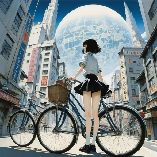 Prompt: Kay Nielsen, Carll Cneut, Haruka Aizawa, Hasui Kawase, Jun'ichi Nakahara, Surrealism Mysterious Weird Fantastic Fantasy Sci-fi, Japanese Anime, Future City of Tokyo in the Mirror, Miniskirt Beautiful High School Girl Bicycle Trip, perfect voluminous body, detailed masterpiece low high angles perspectives reflection transmission reflection 