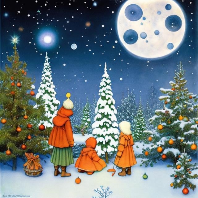 Prompt: Elsa Beskow, mari Yamasaki, Surreal, mysterious, bizarre, fantastical, fantasy, sci-fi, Japanese anime, holy night, snow falling softly, on the rooftop, boys and girls are practicing Christmas carols, faint nebulas, stars, aurora in the sky, tranquil and mysterious, detailed masterpiece 