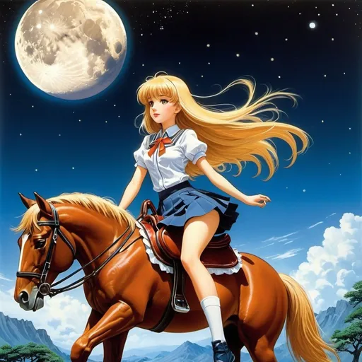 Prompt: Robert Blue, Alex Schomburg, Surreal, mysterious, strange, fantastic, fantasy, sci-fi, Japanese anime, the moon that crashed to the earth's surface, a beautiful girl in a miniskirt astride a wooden horse, perfect voluminous body, detailed masterpiece 