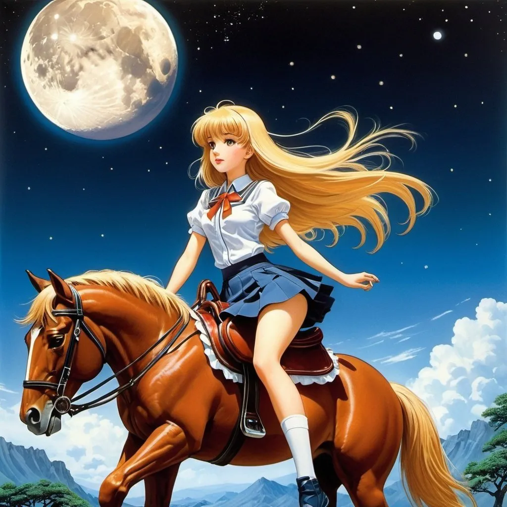 Prompt: Robert Blue, Alex Schomburg, Surreal, mysterious, strange, fantastic, fantasy, sci-fi, Japanese anime, the moon that crashed to the earth's surface, a beautiful girl in a miniskirt astride a wooden horse, perfect voluminous body, detailed masterpiece 