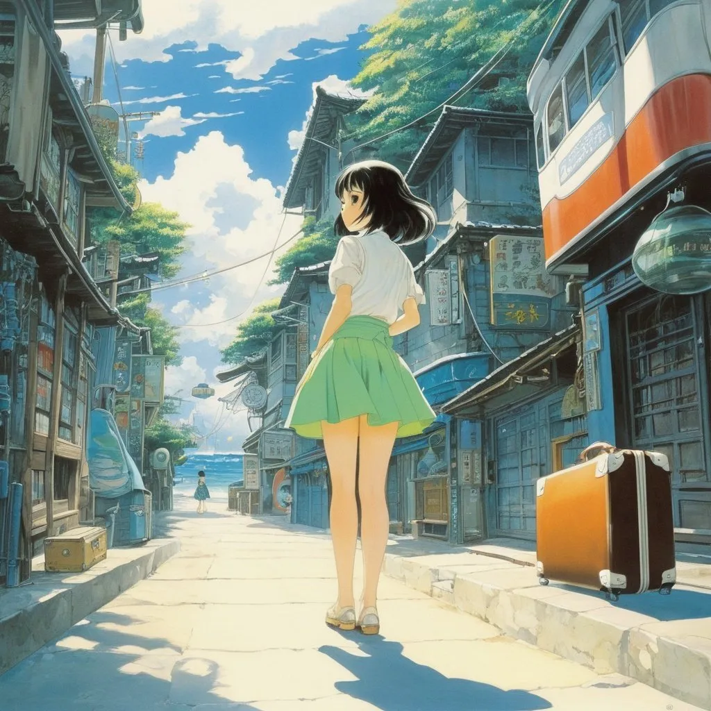 Prompt: Hideko Mizuno, Patrick Woodroffe, Surreal, mysterious, strange, fantastical, fantasy, Sci-fi, Japanese anime, the sea spilling out of a suitcase, the street corner, the beautiful girl in a miniskirt, perfect body, detailed masterpiece 