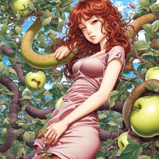 Prompt: Sydney Sime, Japanese anime, Katsuhiro Otomo, manga lines, Eve, solo girl, beautiful face, perfect body tight dress, under apple Tree, holding an apple, huge snake, hyperdetailed, realistic, high resolution, high quality, high definition, masterpiece 