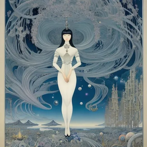 Prompt: Kay Nielsen, Keiko Takemiya, Surreal, mysterious, bizarre, fantastical, fantasy, Sci-fi, Japanese anime, blueprint of the hierarchical structure of the universe, built by a miniskirt beautiful girl goddess, perfect body, silver hair, molecules, atoms, atomic nuclei, nucleons, elementary particles, super galaxy clusters, galaxy clusters, galaxy clusters, Galaxies, planetary systems, stars, planets, small celestial bodies within planetary systems, dynamism, detailed masterpiece 