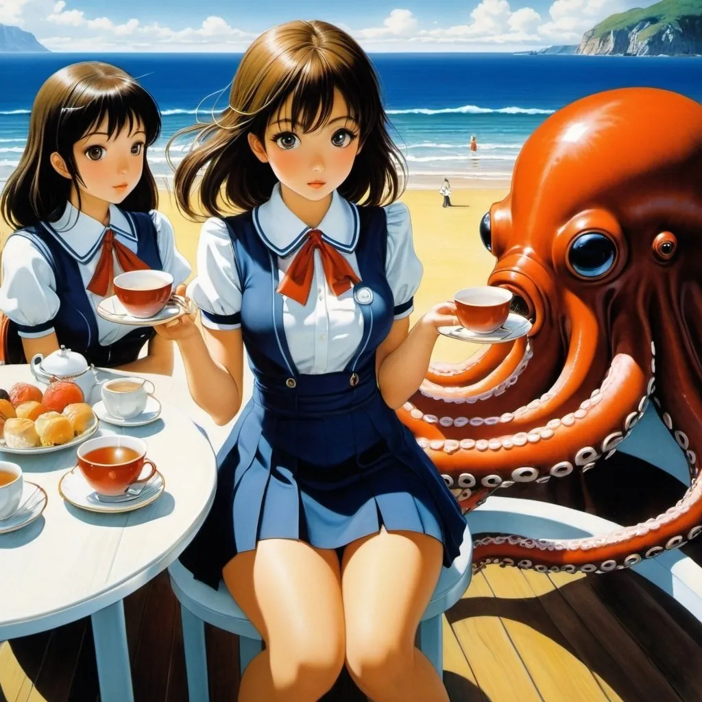 Prompt: Hiroshi Masumura, Jane Graverol, Aoi Hiiragi, Duilio Cambellotti, Al Williamson, Surrealism, wonder, strange, bizarre, fantasy, Sci-fi, Japanese anime, miniskirt beautiful high school girl having tea with an octopus, perfect voluminous body, seaside cafe, detailed masterpiece 