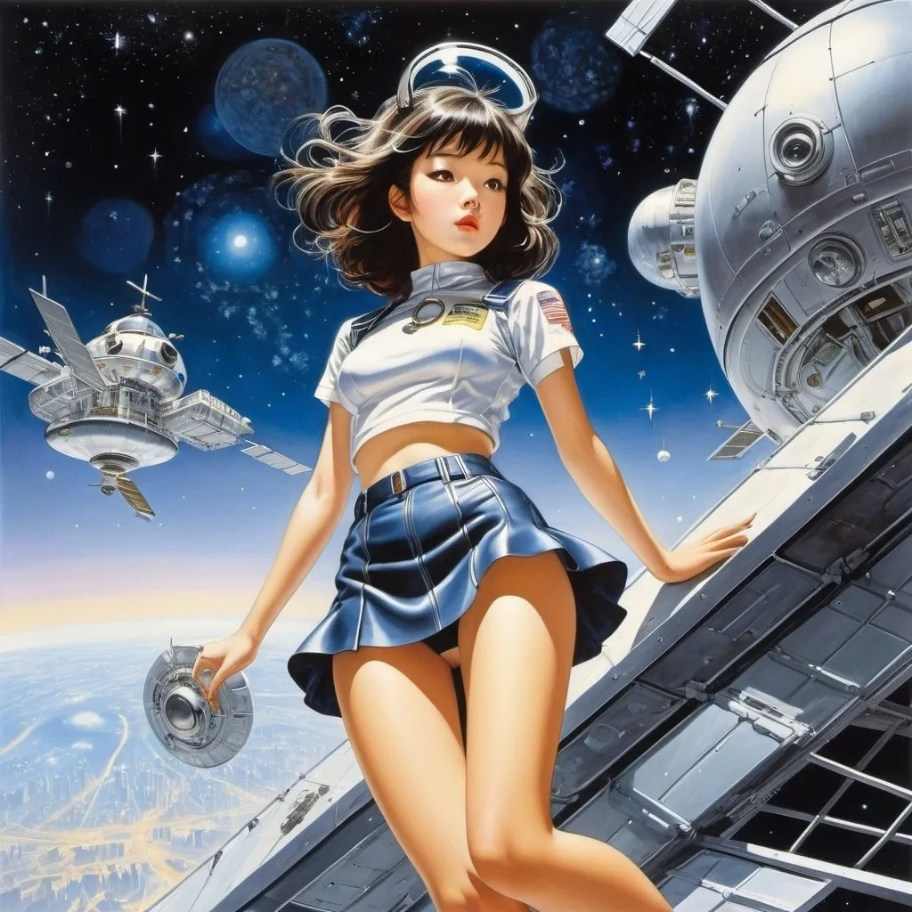 Prompt: Naoyuki Kato, Hajime Sorayama, Yu Rong, Wally Wood, Keiko Takemiya, Surrealism, wonder, strange, bizarre, fantasy, Sci-fi, Japanese anime, climbing the roof of the world, midday starry sky, beautiful girl in miniskirt, perfect voluminous body, space station, detailed masterpiece 