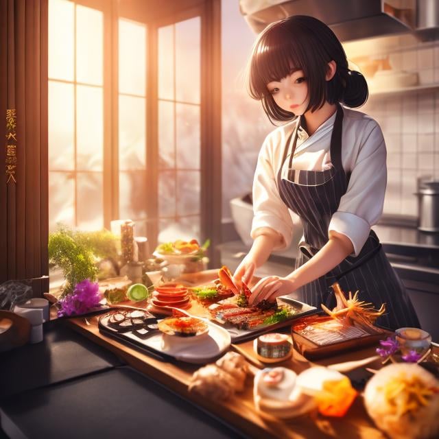 Prompt: Pamela Zagarenski, Surreal Mysterious Weird Fantastic Fantasy Sci-fi, Japanese Anime, Cooking is like magic, Delicious food makes you happy, Beautiful girl chef, hyper detailed masterpiece high resolution definition quality, depth of field, cinematic lighting 