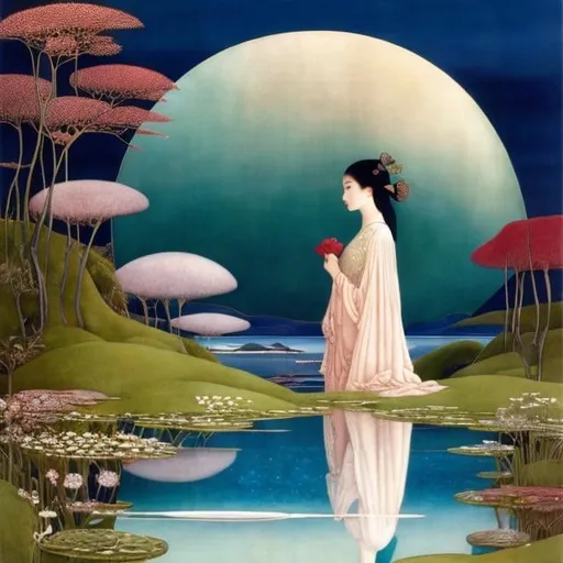 Prompt: Edmund Dulac, Richard Dadd, Keiko Takemiya, heikala, Surreal, mysterious, strange, fantastical, fantasy, Sci-fi, Japanese anime, miniskirt beautiful girl iconology in the mirror, perfect voluminous body, reflection, refraction, reversal, journey to the other side of the moon, detailed masterpiece 