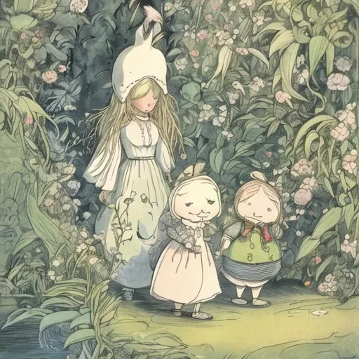 Prompt: Kate Greenaway, Tove Jansson, Heikala, Alice in wonderland, detailed, high resolution, high definition, high quality, masterpiece, Japanese anime, manga lines
