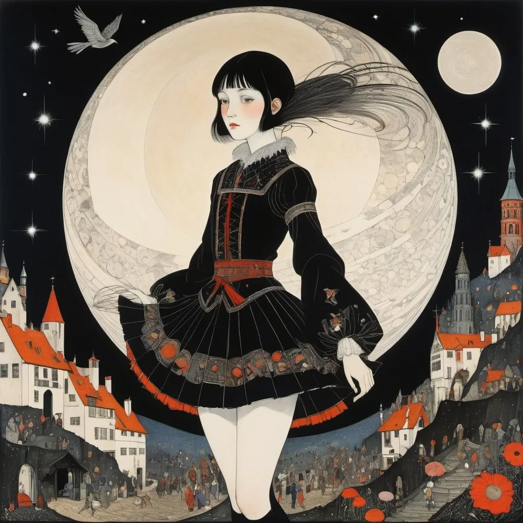 Prompt: Harry Clarke, Pieter Bruegel the Elder, Fatinha Ramos, Carll Cneut, Surrealism, wonder, strange, bizarre, fantasy, Sci-fi, Japanese anime, the sun in the darkness, the raven's stardust collection, a miniskirt beautiful high school girl who sleeps in space, perfect voluminous body, detailed masterpiece 