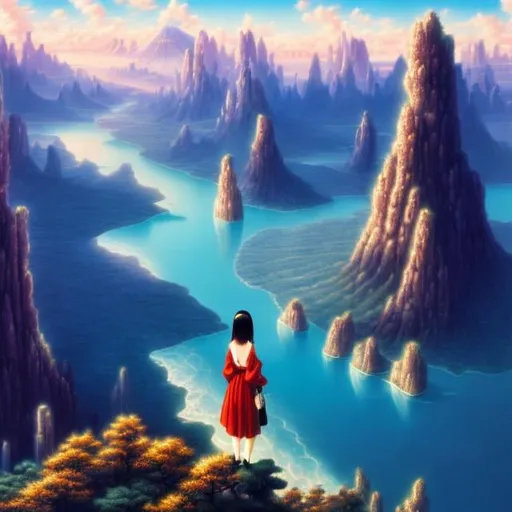 Prompt: Takeo Takei, Arnold Lobel, Surreal, mysterious, strange, fantastic, fantasy, sci-fi fantasy, anime, miniskirt beautiful girl searching for the holy grail, perfect voluminous body, desolate earth, towering columns, wine, detailed masterpiece 