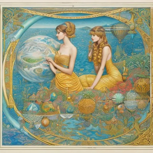 Prompt: Walter Crane, Hannes Bok, m c Escher Colored pencil drawing　surreal　wondrous　strange　Whimsical　fanciful　Sci-Fi Fantasy　Girl and Sphere　Dream of Three-Dimensional Development Diagram　leaves falling　Perspective view　The three-point method of distance and proximity　architectural Solo girl, hyperdetailed high resolution high quality high definition masterpiece 