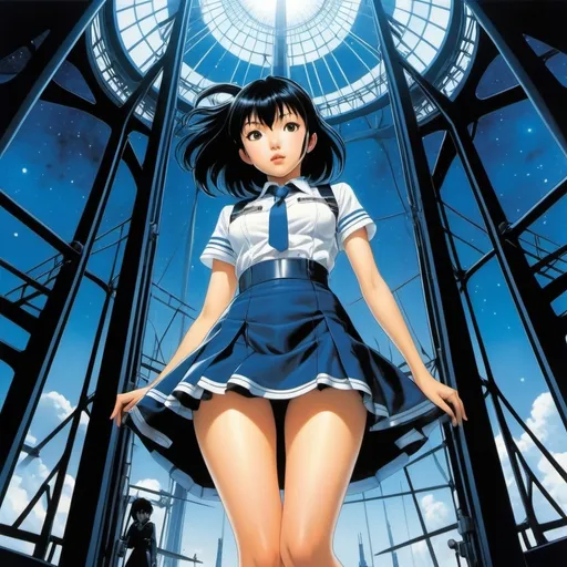 Prompt: António Dacosta, Hiro Mashima, Keith Henderson, Stephen Reid, Yun Kōga, Surrealism, wonder, strange, bizarre, fantasy, Sci-fi, Japanese anime, zero-gravity elevator, invitation to a space dinner party, nostalgic power transmission tower, beautiful high school girl in a miniskirt, perfect voluminous body, detailed masterpiece 