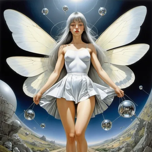 Prompt: Hieronymus Bosch, Hajime Sorayama, Surrealism, wonder, fantastical, bizarre, fantasy, science fiction, Japanese anime, planetarium of words and images, age of Saturn, flock of white cicadas, argon, hydrogen, zinc, iron, potassium, elements of the periodic table, beautiful in a miniskirt high school girl, perfect voluminous body, detailed masterpiece low high angles perspectives 