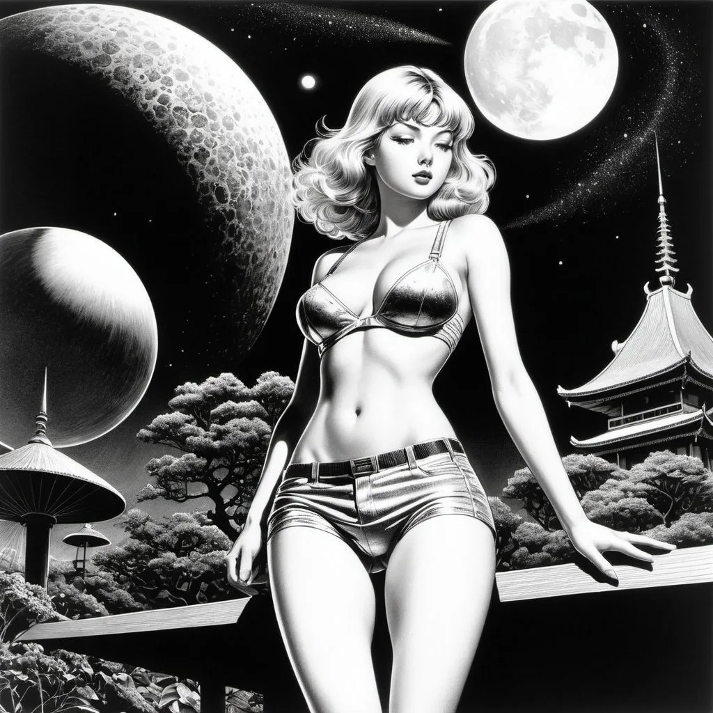 Prompt: Virgil Finlay, Ernst Kreidolf, Peter Lloyd, Katsuhiro Otomo, Elena Odriozola, Surrealism Mysterious Weird Fantastic Fantasy Sci-fi, Japanese Anime, Walk from the bedroom to the kitchen, Savannah, Midnight sun, Beautiful blonde miniskirt girl Alice, perfect voluminous body, detailed masterpiece 