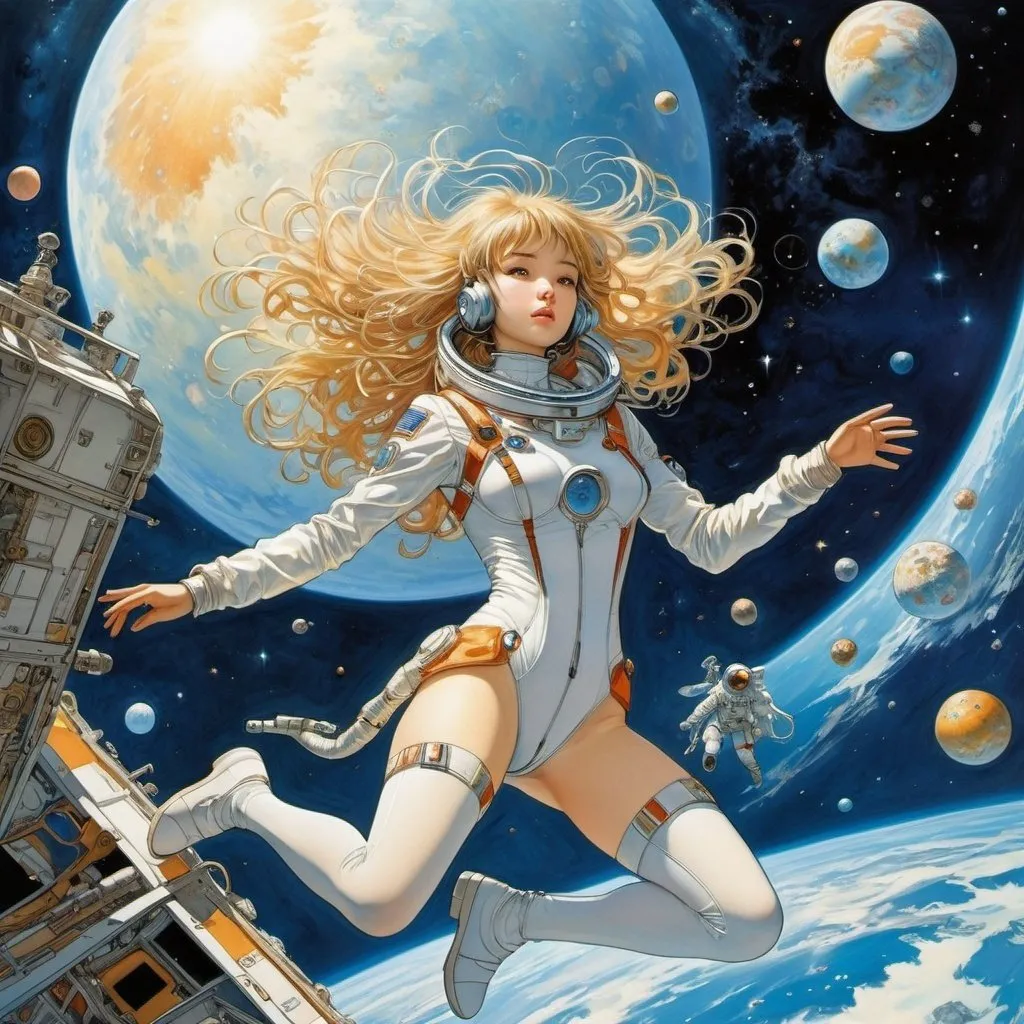 Prompt: Michael Kaluta, Valentine Hugo, Sacha Zaliouk, Tatsuyuki Tanaka, Chris Achilléos, Surrealism, strange, bizarre, fantastical, fantasy, Sci-fi, Japanese anime, beautiful girl in a space suit spacewalking in the galaxy in the attic, perfect voluminous body, skintight, ocean of elementary particles, gravity surfing, detailed masterpiece dynamic 