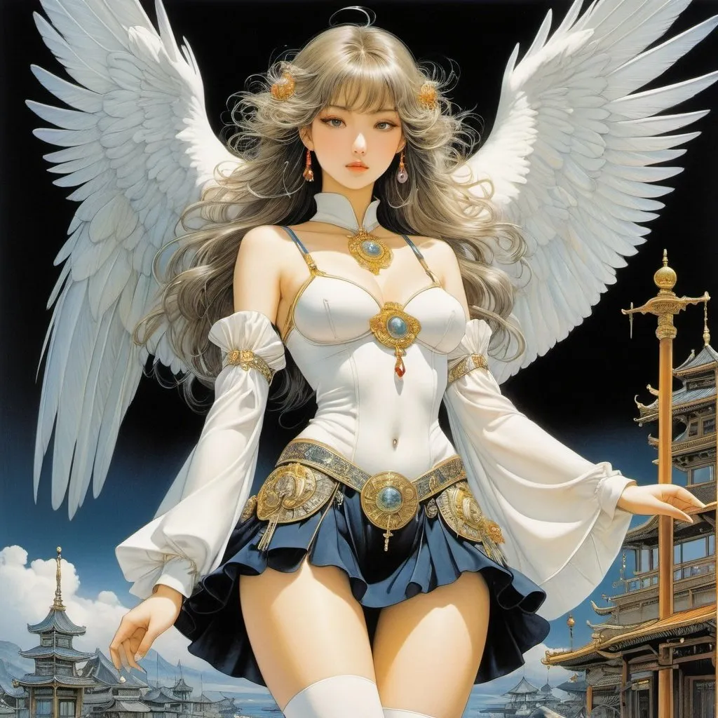 Prompt: Marcello Dudovich, Yoshitaka Amano, Surreal, mysterious, strange, fantastical, fantasy, Sci-fi, Japanese anime, Fool's Wisdom, Tarot miniskirt beautiful girl, perfect voluminous body, Pelican, detailed Masterpiece 