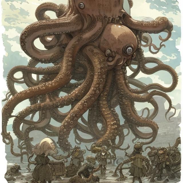 Prompt: Anton Pieck　animesque　wondrous　strange　Whimsical　Sci-Fi Fantasy　Cyborg miniskirt schoolgirl　Giant octopus　battle